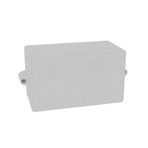 3D render of a white digital timer module with a three-digit LED display and circular buttons, set against a black background.