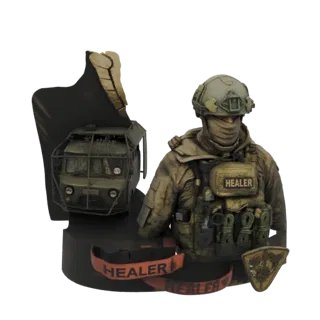 Maqueta 3D de busto de médico de combate moderno con parche "Healer" y elemento de diorama de vehículo militar.