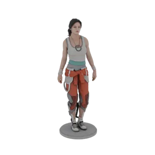 3D model of Chell from Portal 2, wearing her orange jumpsuit and white tank top, standing on a circular base.