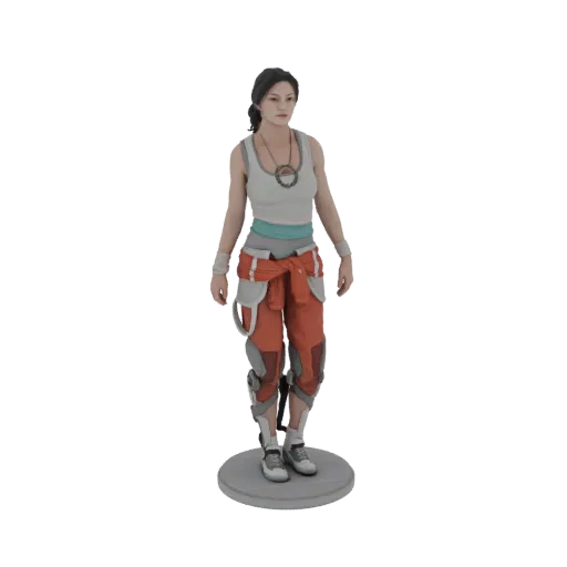 Modelo 3D de Chell de Portal 2, con su mono naranja y camiseta blanca, de pie sobre una base circular.