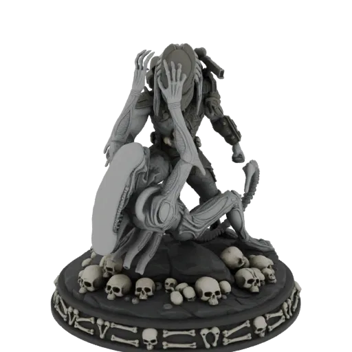3D model render of a Predator locked in combat with an Alien, surrounded by skulls on a circular base.