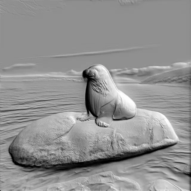 Modelo 3D de baixo-relevo de leão-marinho sentado em uma pedra, com textura detalhada de pelagem e pedra.