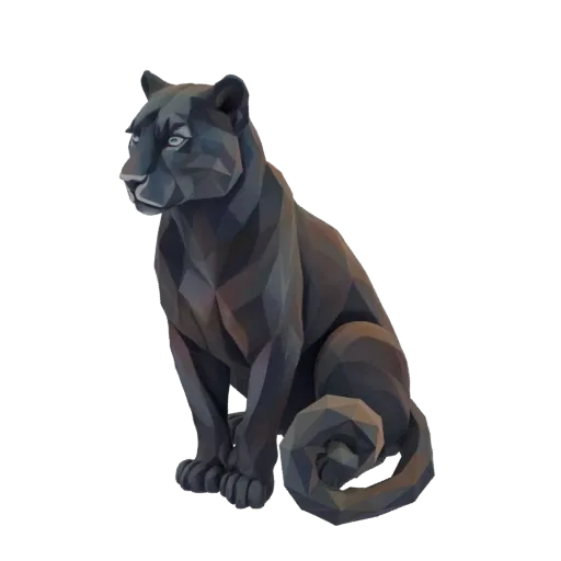 Un modello 3D low-poly di una pantera nera seduta, renderizzato su sfondo bianco.