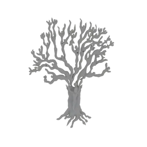 Ein 3D-Modell-Rendering eines stilisierten Lebensbaums mit texturiertem Stamm und komplexen Ästen vor weißem Hintergrund.