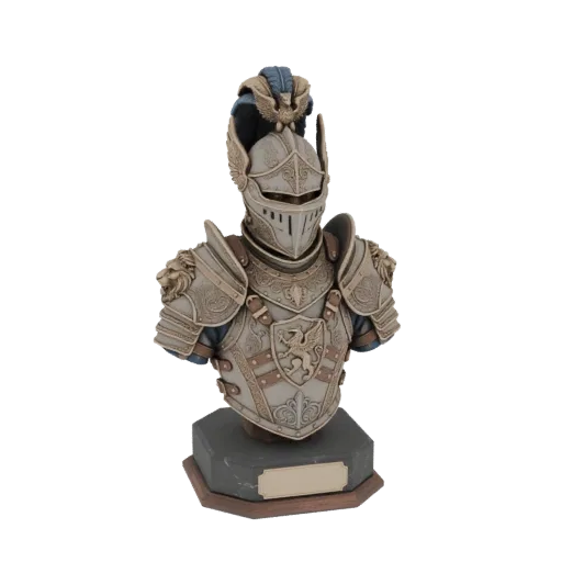 3D model of a knight's bust armor, featuring a detailed helmet with a plume, ornate pauldrons, and a central heraldic crest.