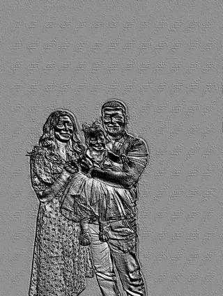 3D-Modell eines Basreliefs: glückliche Dreierfamilie, Eltern umarmen ein Kind