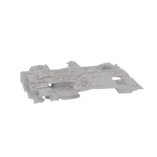 3D model of a grey sci-fi cruiser ship with red-lined details, viewed from a side angle against a white background.