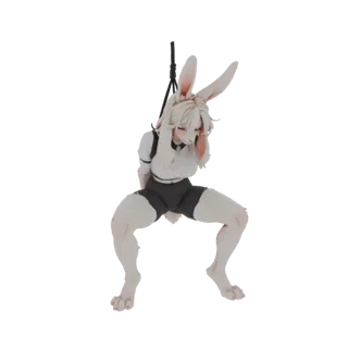 Modello 3D di un personaggio di ragazza coniglio con lunghe orecchie, che indossa un crop top bianco e pantaloncini scuri, so