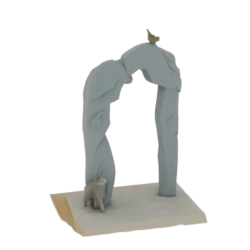 Modello 3D di un arco fantasioso con un cane alla base e un uccello in cima, in toni grigio-blu e oro.