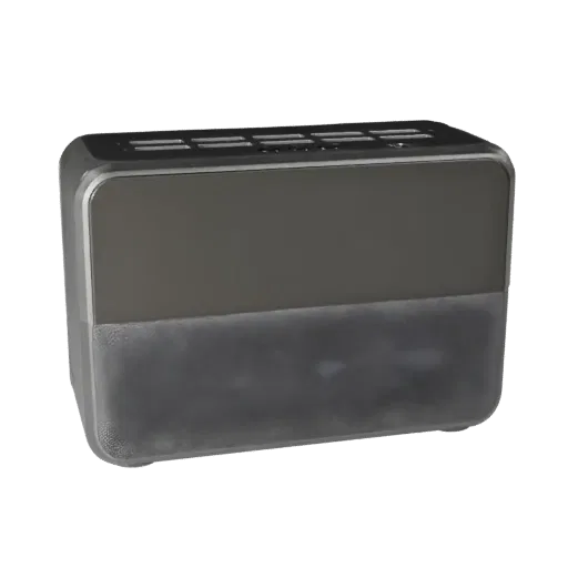 Modello 3D realistico Smart Style Speaker, interni domestici, rendering studio tre quarti, dettaglio plastica.