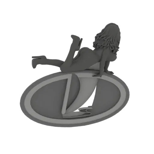 3D model of a glamorous woman in a dynamic pose on a stylized oval base, rendered in grayscale.