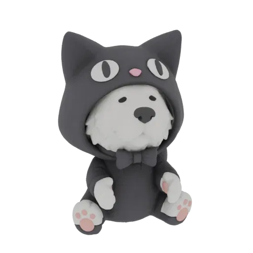 A 3D render of a fluffy white dog wearing a black cat costume with ears and a bow tie, sitting and looking forward.