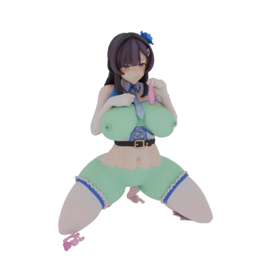 3D model of an anime girl kneeling, wearing a large green top and shorts, with dark hair and a blue flower accessory.