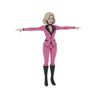 Modello 3D di donna bionda con completo rosa e stivali neri, in T-pose.