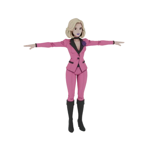 Modello 3D di donna bionda con completo rosa e stivali neri, in T-pose.