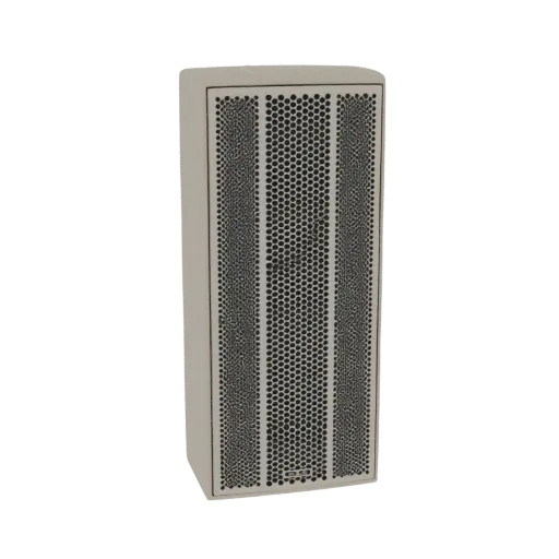 3D model of a modern beige rectangular column speaker with a dark perforated grille.