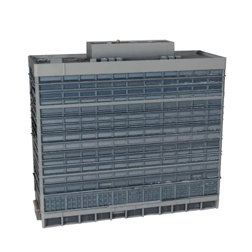 Bürogebäude realistisches 3D-Modell, Dreiviertel-Außenansicht, die Materialien und architektonische Details eines gewerbliche