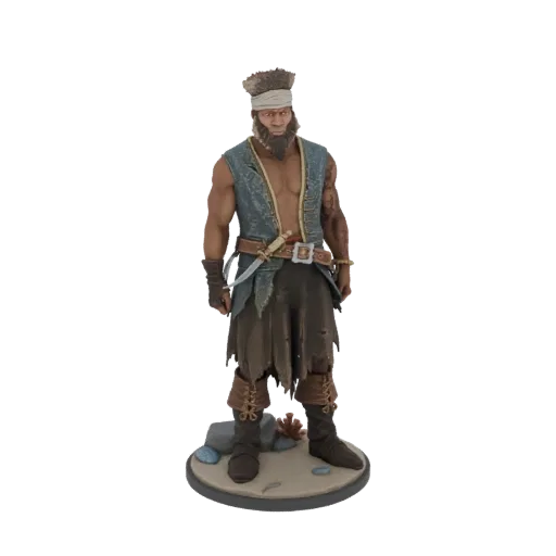 3D model of a rugged pirate captain with a bandana, tattered vest, and cutlass, standing on a sandy base.