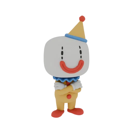 3D model of a sad clown with a white face, red smile, black eyes, yellow suit, and a yellow party hat, standing with arms cro