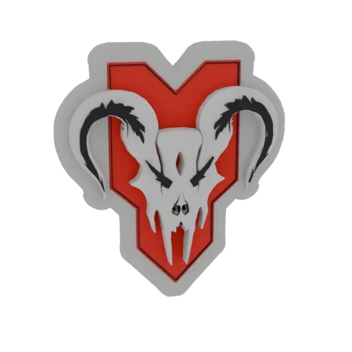 3D model of the Apex Legends Predator Badge, featuring a red shield with a white skull and black horns.