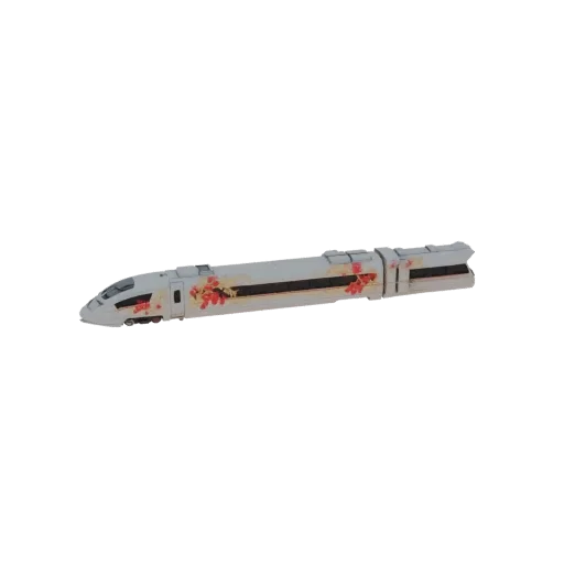 3D model of a white Shinkansen bullet train with red cherry blossom decals, set against a black background.
