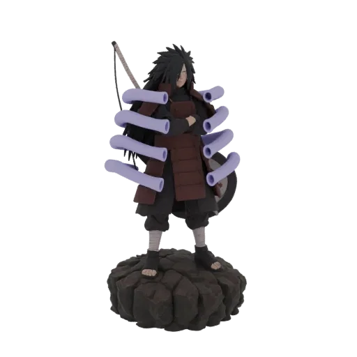 3D model of Madara Uchiha from Naruto, standing on a rocky base with purple energy rods.