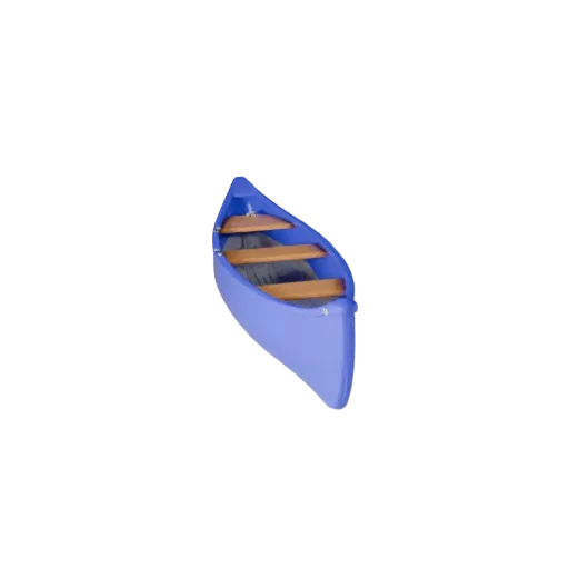 Modelo 3D de canoa, vista de juego de tres cuartos, activo de vehículo listo para Unreal Engine con forma de casco, disposici