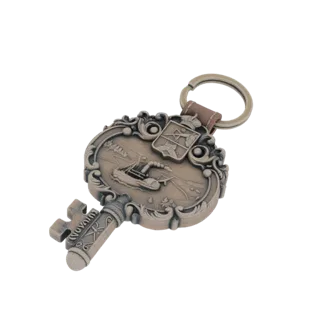 3D-Rendering eines antiken Schlüsselanhänger-Anhängers mit Schiff und Wappen, mit bronzefarbener Oberfläche und verzierten De