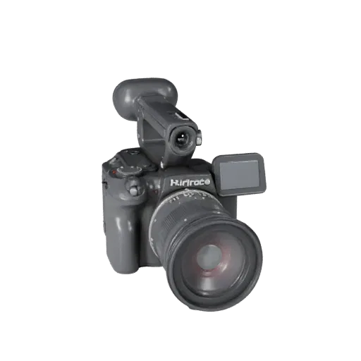 Mirrorless Video Camera Product Viz 3D model, three-quarter studio product render, showing textured grips, lens barrels.