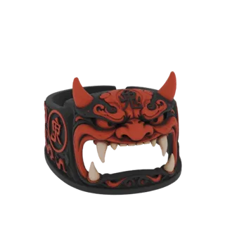 3D model of a red Oni mask ring with sharp teeth, horns, and black accents, set against a black background.