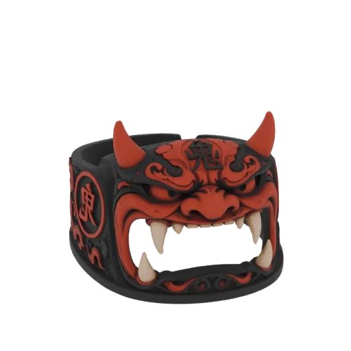 3D model of a red Oni mask ring with sharp teeth, horns, and black accents, set against a black background.