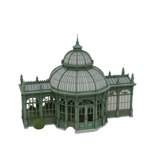 3D model of a green Victorian conservatory greenhouse with a large glass dome and intricate metal framing, set against a whit