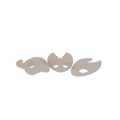 A 3D render of three stylized masks with unique shapes and eye cutouts, arranged side-by-side against a black background.