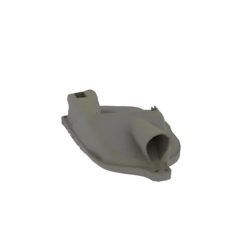 3D-Modell eines grauen industriellen Lufteinlasskanals mit breitem Montageflansch, von der Dreiviertelansicht.