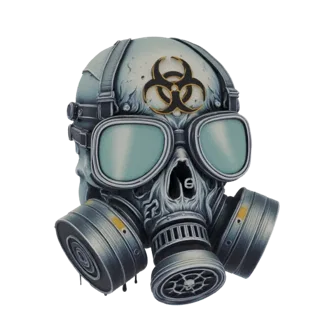 Modelo 3D de máscara de gás em formato de caveira com símbolo de biohazard, apresentando texturas metálicas e uma estética so
