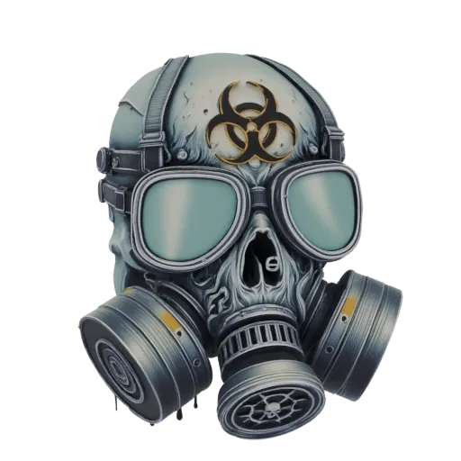 3D model of a skull-shaped gas mask with a biohazard symbol, featuring metallic textures and a grim, post-apocalyptic aesthet