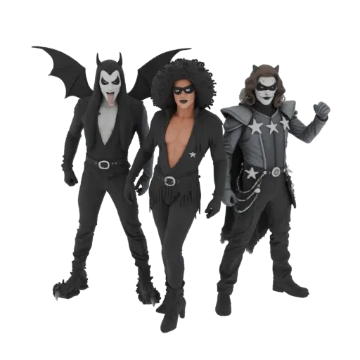 3D model of three KISS band characters: The Demon, Starchild, and Spaceman, standing in heroic poses.