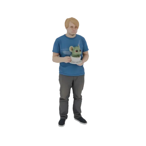 3D model of a man with blonde hair in a blue t-shirt and gray pants, holding a white teacup with a small, green, cute creatur