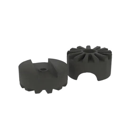 3D model of two dark gray industrial components, one with a toothed base and central slot, the other with radial fins and a U