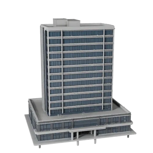 Glass Office Building printable STL 3D model, isometric display view, showing commercial office building materials and archit