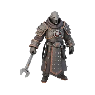 3D model of a cyber monk in gray armor and robes, holding a large wrench, on a white background