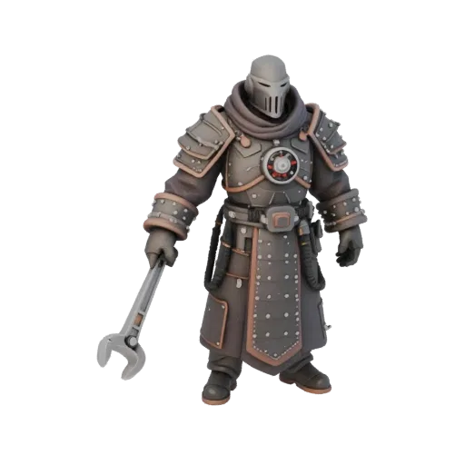 3D model of a cyber monk in gray armor and robes, holding a large wrench, on a white background