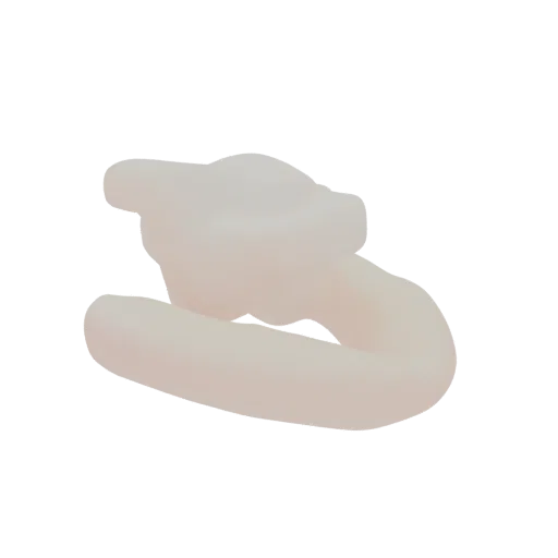 A 3D render of a smooth, abstract, pale pink twisted loop shape on a black background.