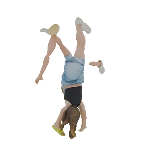 3D model of a young woman in a handstand, wearing denim shorts and a black tank top, with white sneakers.