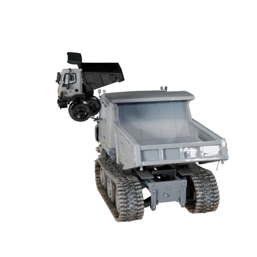 Modello 3D modulare Camion Ribaltabile, vista isometrica kit modulare, con acciaio verniciato, grandi silhouette meccaniche.