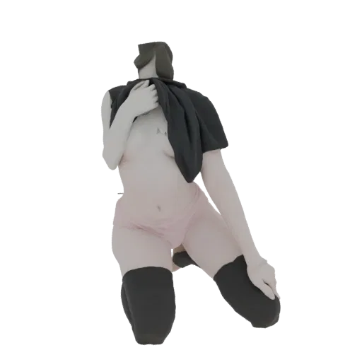 3D model of an anime girl kneeling, wearing a black hoodie and pink shorts, with black thigh-high socks.