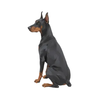 3D model of a black and tan Doberman Pinscher dog sitting attentively, looking to the left.