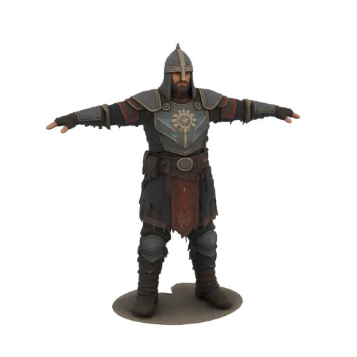 Modèle 3D d'un chevalier médiéval en armure complète, en pose T, bras écartés, avec casque, plastron et pièces d'armure segme