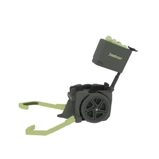 Side view of a 3D model of a portable pickleball ball hopper with a dark gray body, yellow collection arms, and a hinged lid.