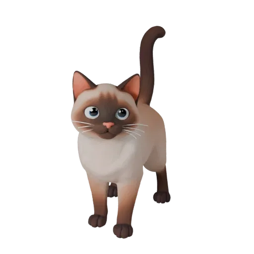 Modelo 3D de Gato Siamês Cartoon, render de vida selvagem em vista lateral, asset de animal estilizado com almofadas de bigod